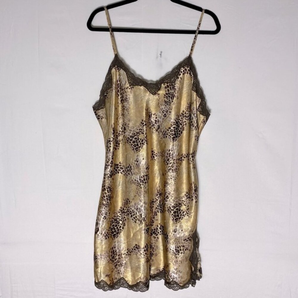 Vintage Y2K Premiere Collection Leopard Print Satin Slip Dress Lingerie W Lace L